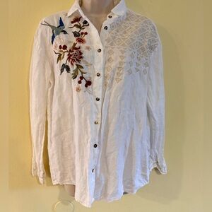 Johnny Was Floral Embroidered Shirt Bengal Tiger & hummingbird gorgeous size xs